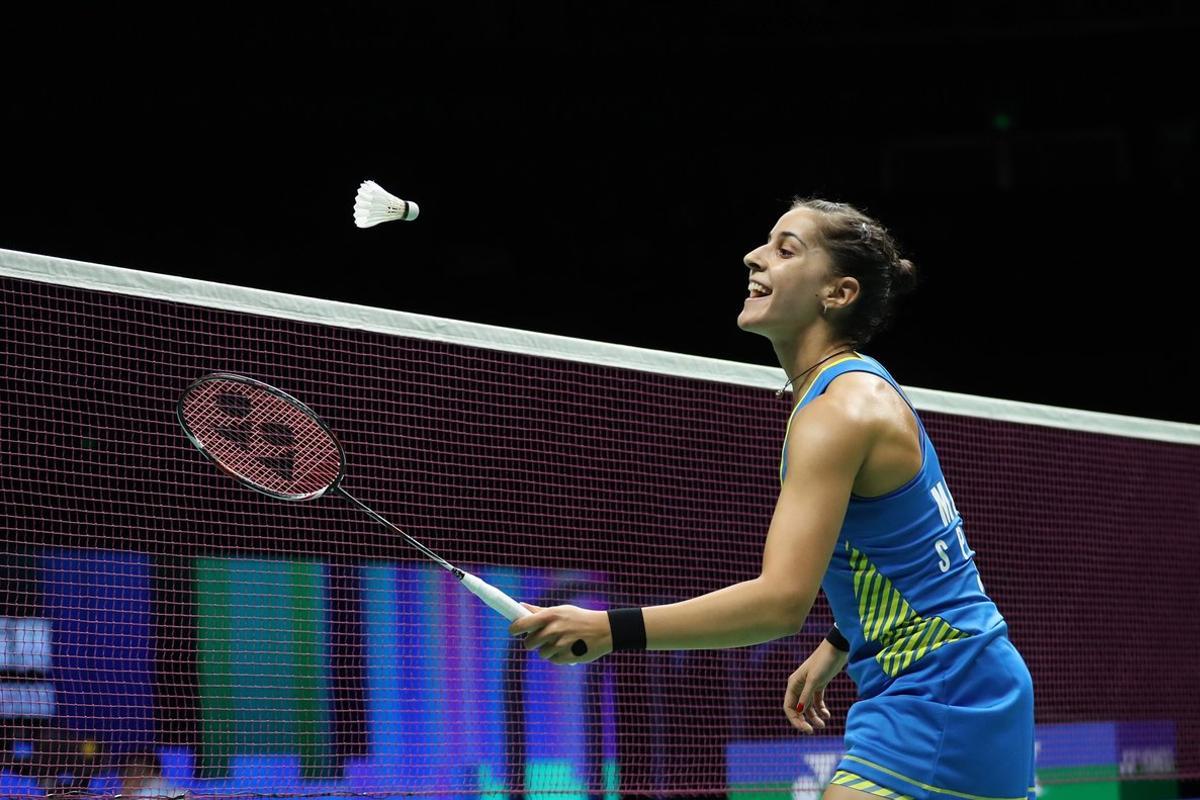 Nanjing (China), 04/08/2018.- Carolina Marin of Spain in action during her women’s singles semi-final match against He Bingjiao of China at the 2018 BWF (Badminton World Federation) World Championships in Nanjing, China, 04 August 2018. (España) EFE/EPA/YANGBO CHINA OUT