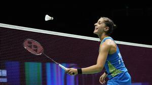 Nanjing (China), 04/08/2018.- Carolina Marin of Spain in action during her women’s singles semi-final match against He Bingjiao of China at the 2018 BWF (Badminton World Federation) World Championships in Nanjing, China, 04 August 2018. (España) EFE/EPA/YANGBO CHINA OUT