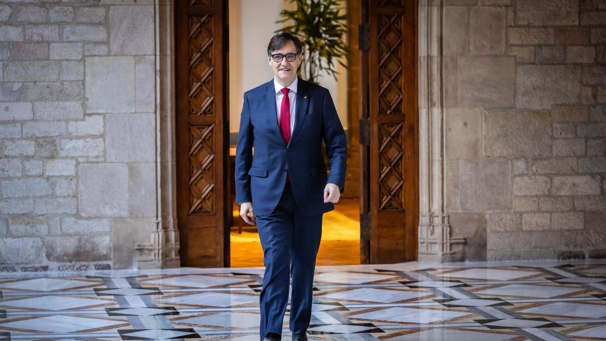 El president de la Generalitat, Salvador Illa, al Palau de la Generalitat després de l'acord per a un nou model de finançament