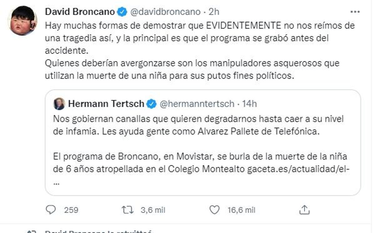 David Broncano contesta al tweet de Hermann Tertsch, mensaje que el eurodiputado de Vox ha borrado