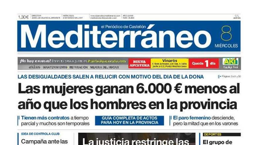 Las mujeres ganan 6.000 euros menos al año que los hombres en la provincia, en la portada de Mediterráneo