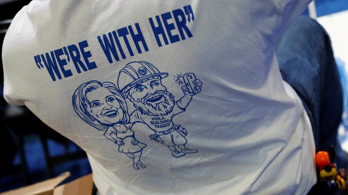 A union tradesman wears a Hillary Clinton t-shirt in Philadelphia