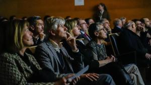 La consellera de Salut, Olga Pané (a la derecha), junto a la exconsellera Alba Vergés y el exconseller Josep Maria Argimon, este jueves en el acto institucional de los cinco años del covid.