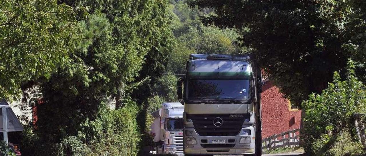 Camiones circulando por la carretera que conecta Campo de Caso con el puerto de Tarna.