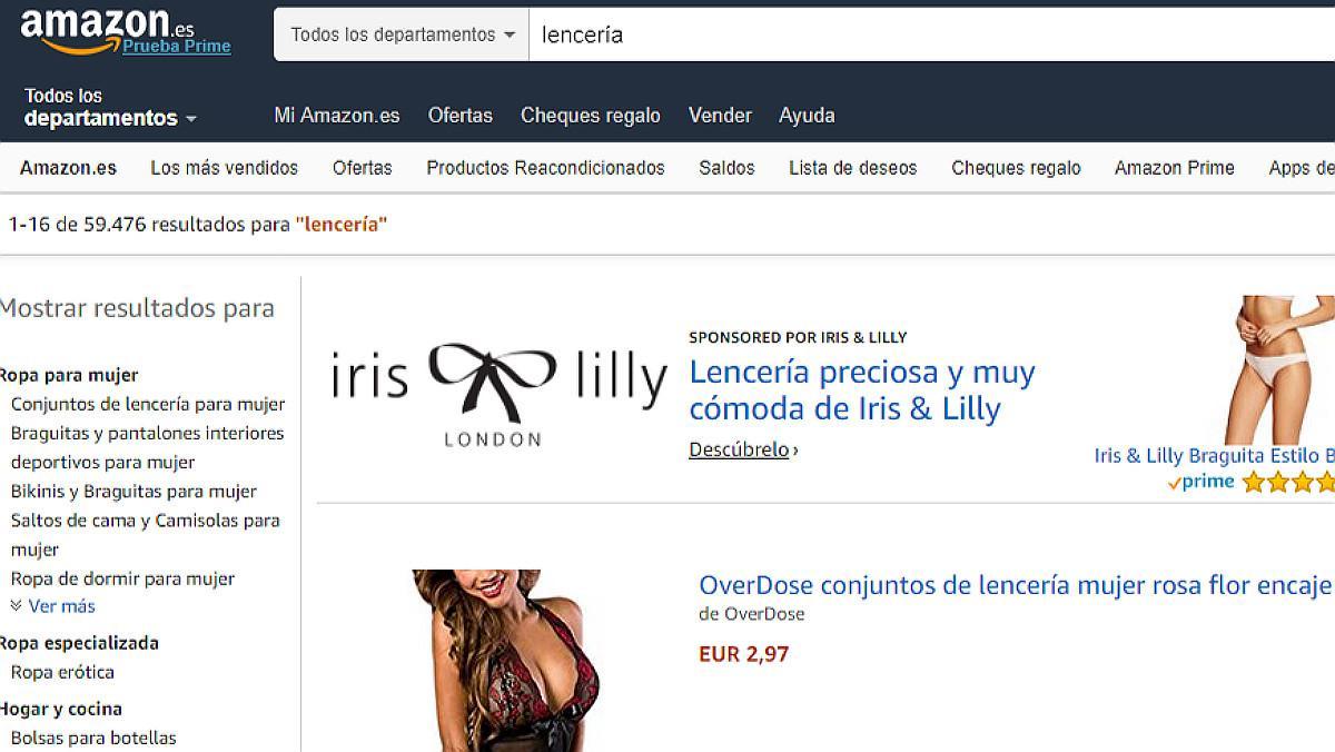 Venta de lencería en la página de Amazon.