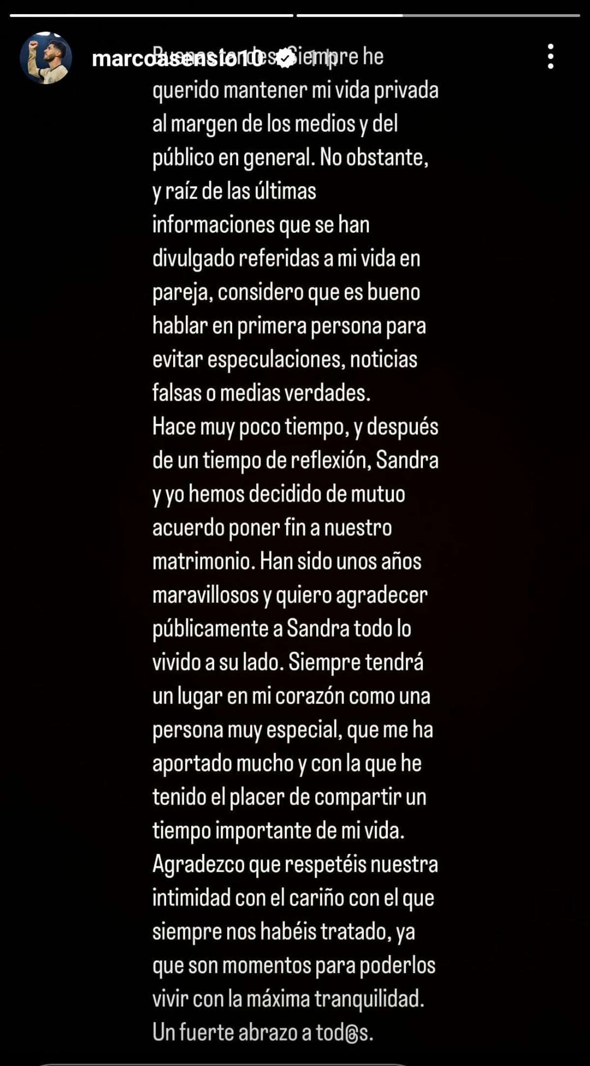 Este es el mensaje de Marco Asensio en Instagram.