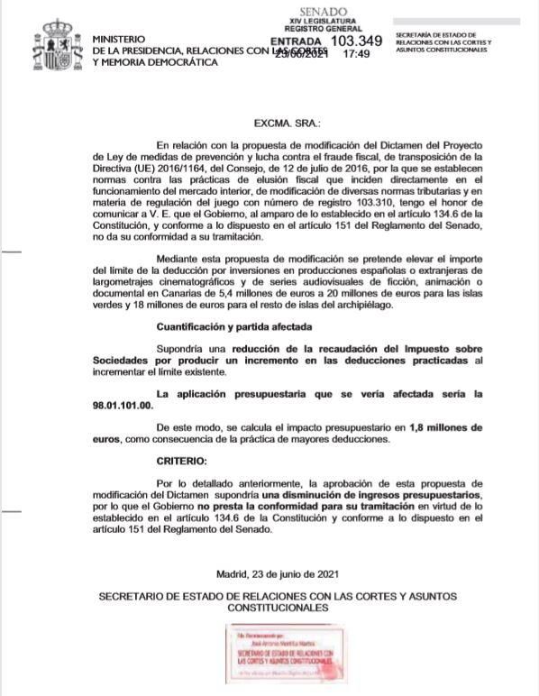 Carta remitida ayer a las 17.49 desde el Ministerio de Presidencia y Relaciones con las Cortes a la Presidencia del Senado que rechaza aplicar el máximo de deducciones fiscales para las producciones cinematográficas fijado en el REF.