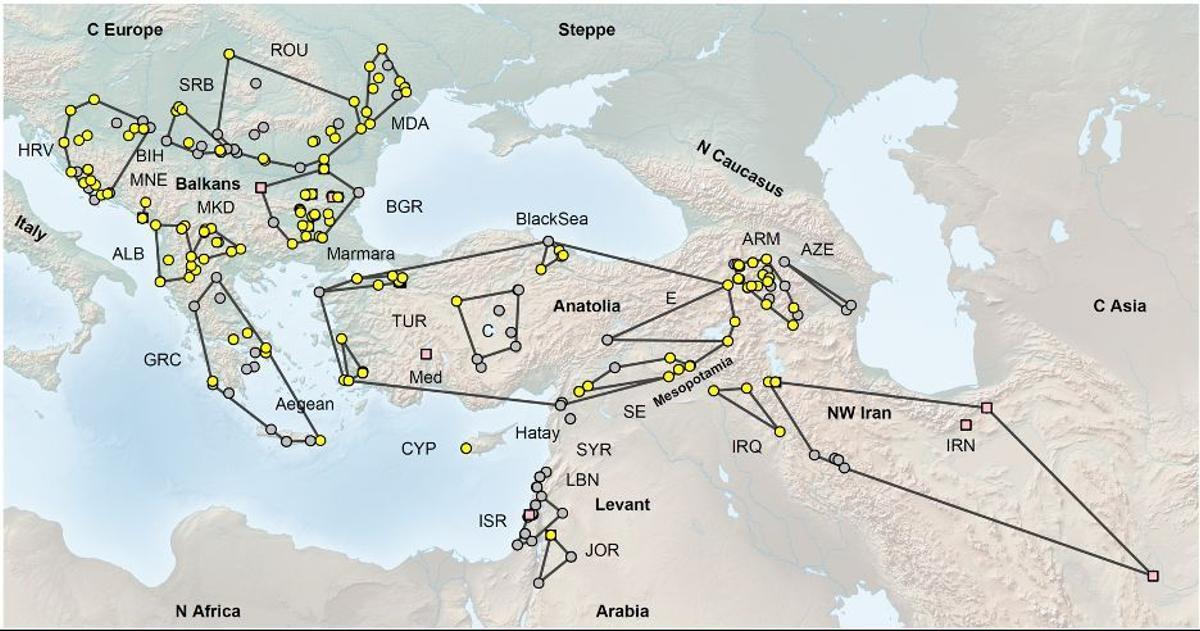 Geografía del Arco Sur tal como se describe en esta investigación. Los círculos y cuadrados de colores marcan los sitios donde se encontraron individuos antiguos cuyo ADN se analizó en los estudios. Los puntos amarillos indican genomas estudiados por primera vez.