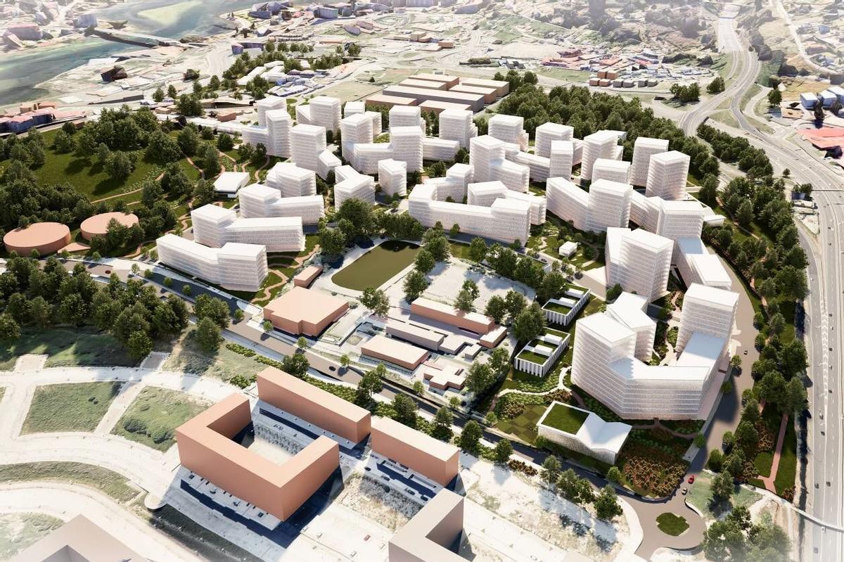 Recreación virtual de la urbanización de viviendas en Monte Mero, con la avenida Alfonso Molina a su derecha y el colegio de Maristas junto al nuevo barrio.