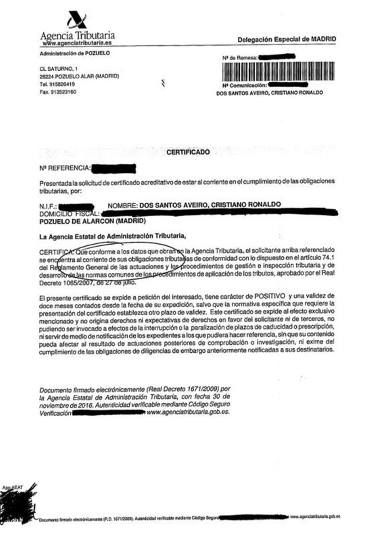 Gestifute intenta defender a CR7 con el documento de la Agencia Tributaria