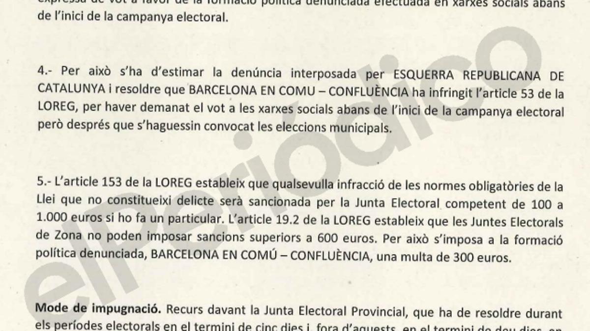 Resolución de la Junta Electoral que multa a BComú por pedir el voto antes del inicio de la campaña para las municipales 2023