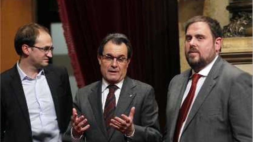 Joan Herrera, Artur Mas i Oriol Junqueras durant una sessió al Parlament celebrada l&#039;any passat.