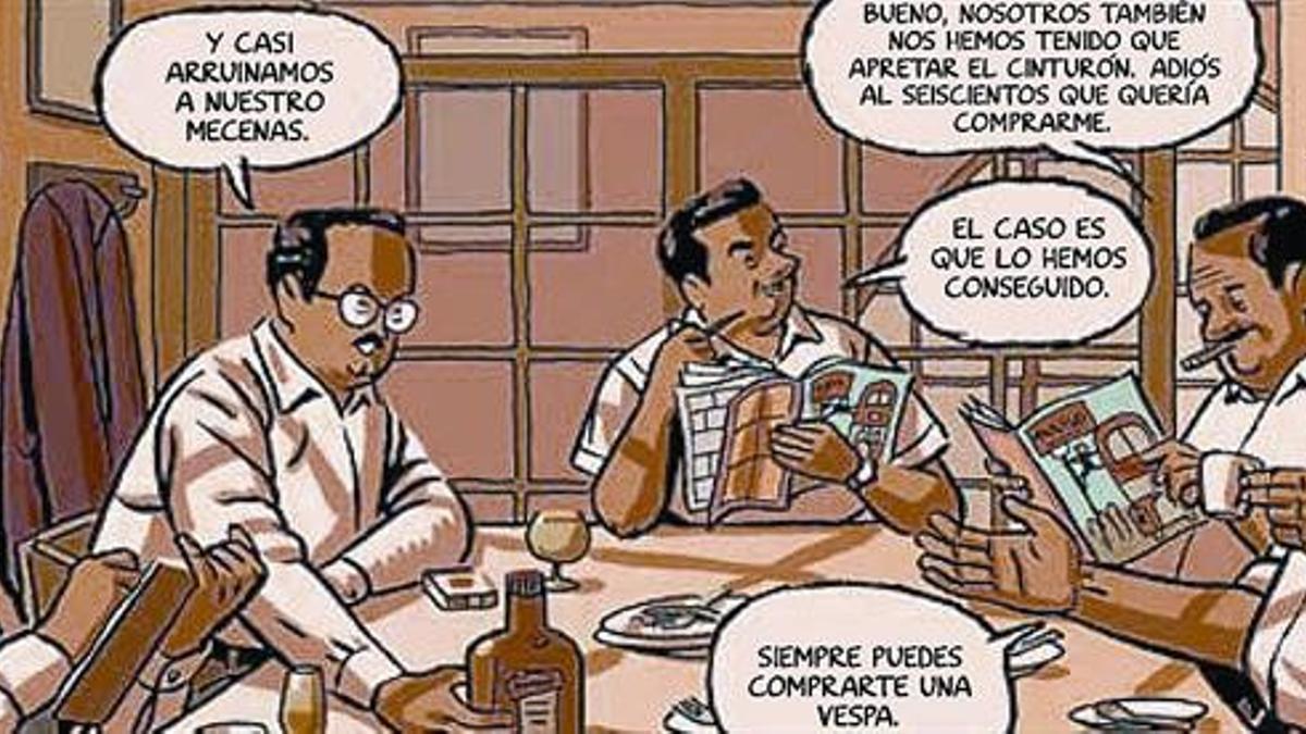 UN MUNDO DE VIÑETAS 3Conti, Peñarroya, Escobar y Cifré pasean por una calle de Barcelona (izquierda) en la ilustración de portada del cómic de Paco Roca (derecha), y celebran el primer número de 'Tío Vivo' (arriba). A la izquierda, el personaje