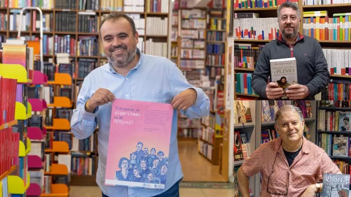 acobo Ucha, de Follas Novas: Al lado, Óscar Porral, de la librería Bandini y, debajo, Pío Barreiro, de Komic.