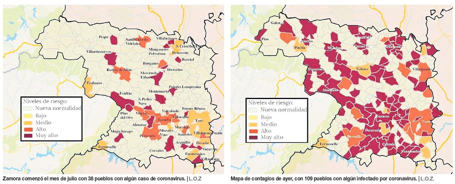 Mapa de contagios COVID por municipios en Zamora a primeros de mes y este viernes