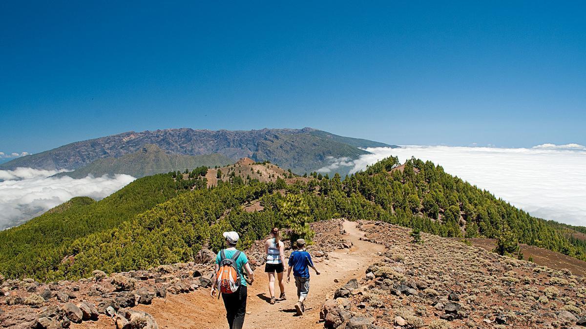 Un grupo de turistas camina por un sendero de La Palma.