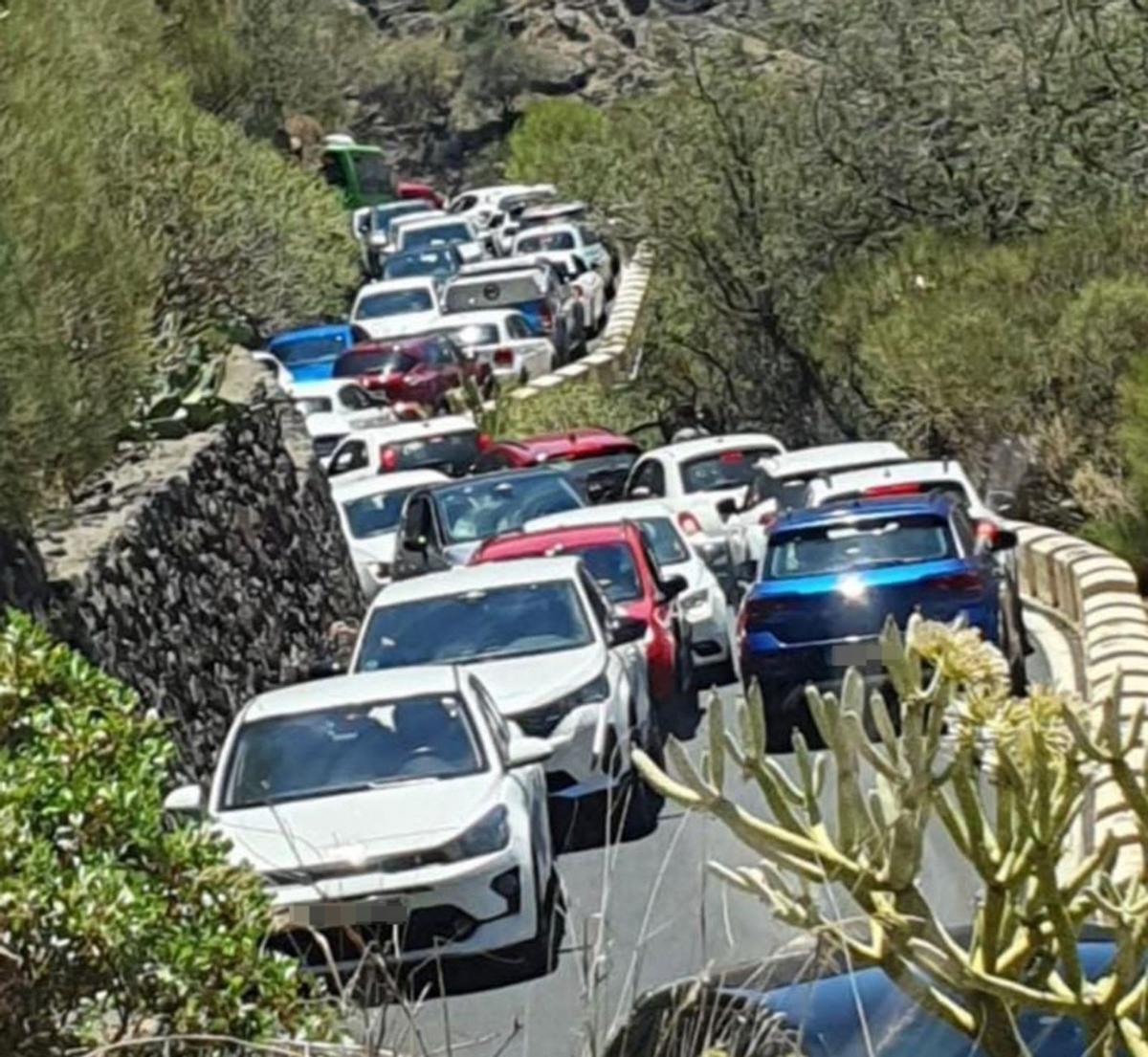 Atasco producido en la carretera al barranco de Masca, en Tenerife.