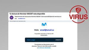 Imagen del correo fraudulento que suplanta a Movistar