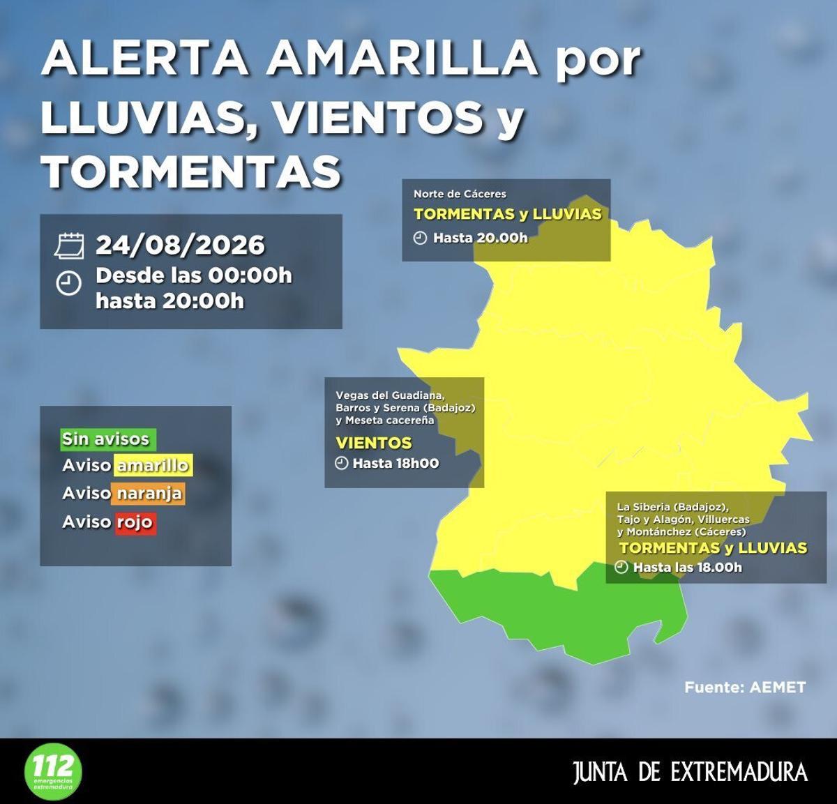 Alerta amarilla este lunes en Extremadura.