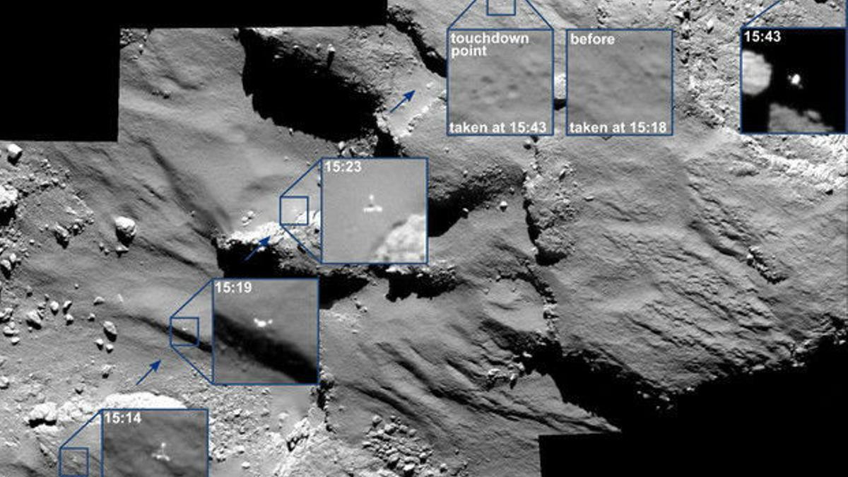 Aterrizaje del módulo 'Philae' sobre la superficie del cometa 67P/Churyumov-Gerassimenko.