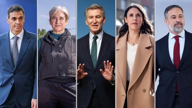 Pedro Sánchez, Ada Colau, Alberto Núñez Feijóo, Irene Montero y Santiago Abascal.