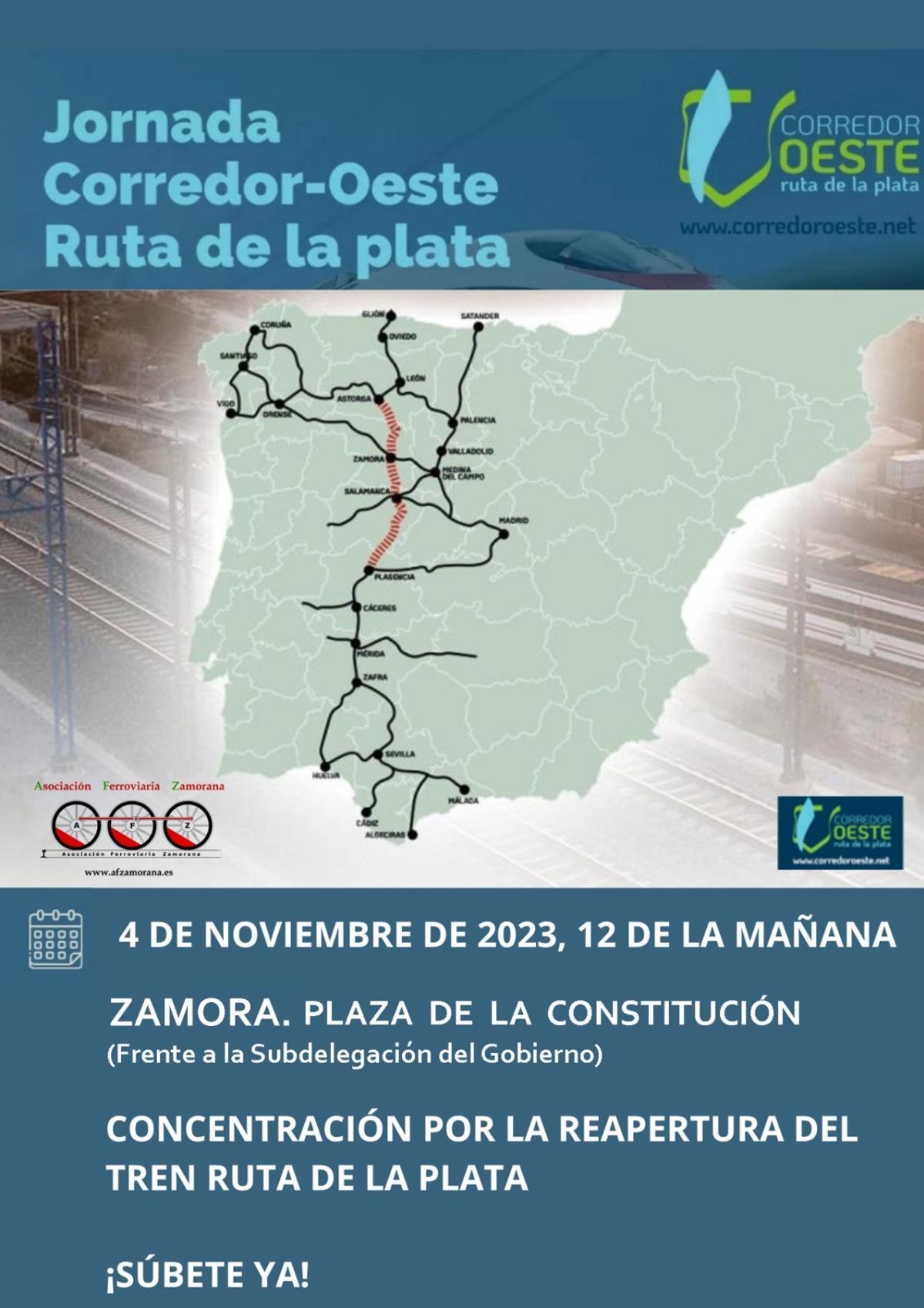 Cartel de la movilización por la reapertura de la línea férrea Ruta de la Plata