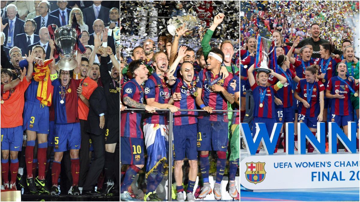 El Barça masculino alzando las Champions de 2009 y 2015 y el femenino, la de 2024