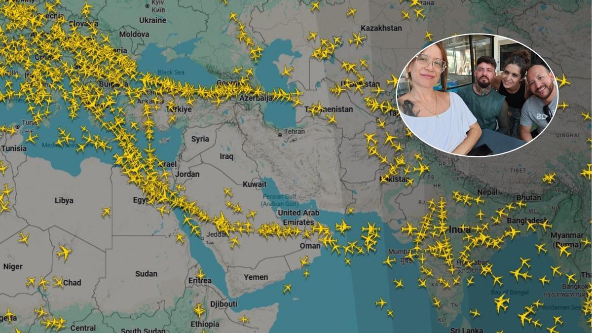 Cuatro de los tinerfeños atrapados en Tailandia junto al mapa aéreo del conflicto de Oriente Medio