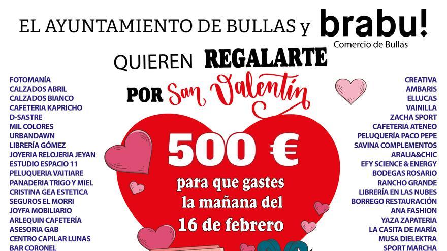 El Ayuntamiento de Bullas y Brabu! quieren regalarte por San Valentín 500 euros