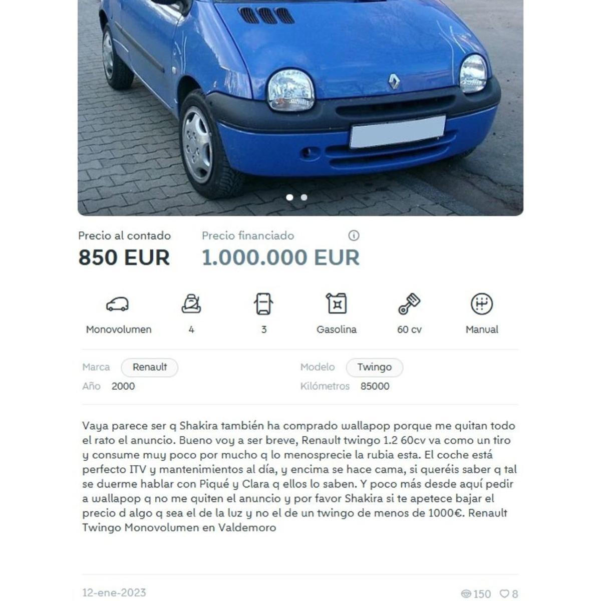 Anuncio de Twingo en una página de compraventa cuyo texto alude a la última canción de Shakira.