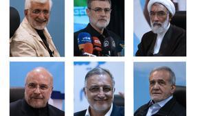 De izquierda a derecha y de arriba a abajo, los candidatos a las elecciones presidenciales de Irán: Mostafa Pourmohammadi, Amirhossein Ghazizadeh Hashemi, Saeed Jalili, Masoud Pezeshkian, Ali Reza Zakani, y Mohammad Bagher Qalibaf.