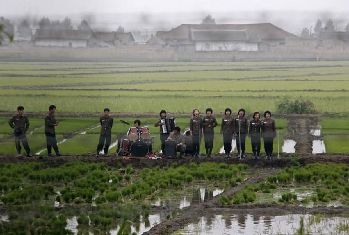 Un grupo de música toca en los campos de la isla de Hwanggumpyong, cerca de la frontera de Corea del Norte.