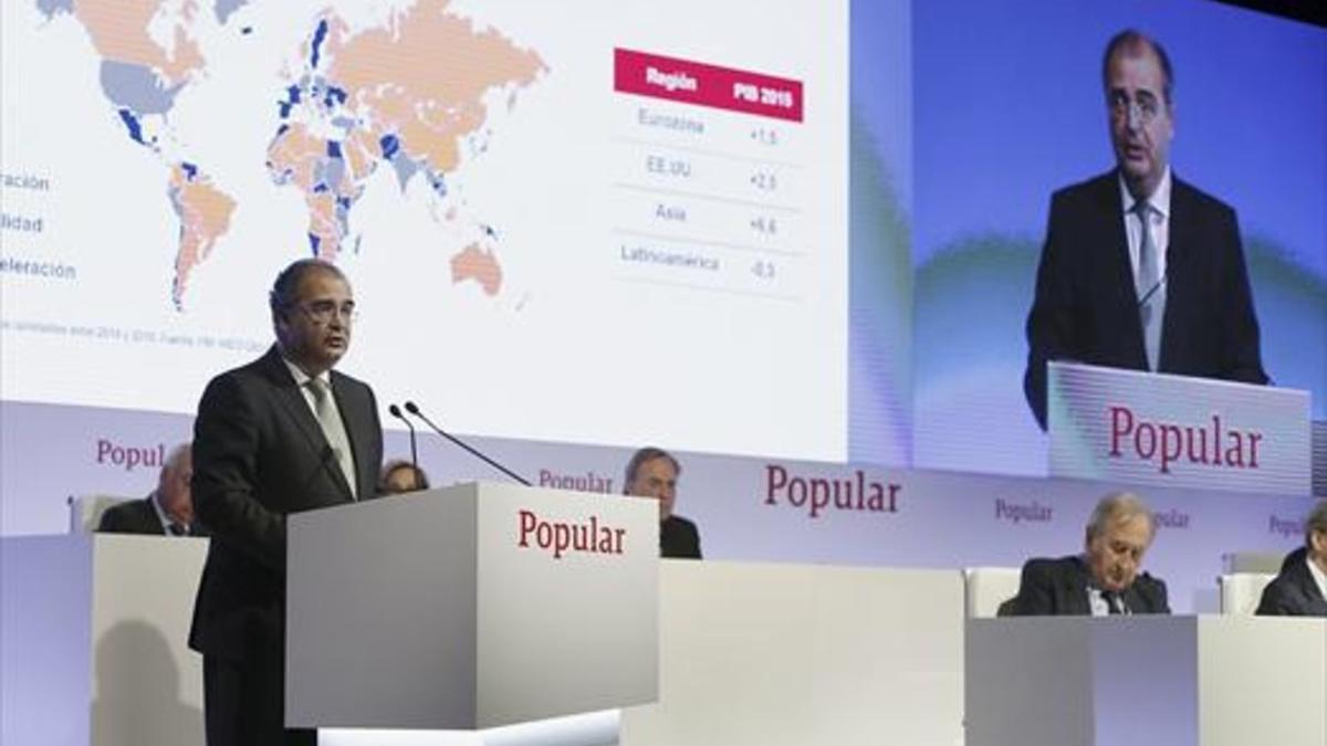 Ángel Ron, presidente del Banco Popular, en la junta general de accionistas celebrada ayer en Madrid.