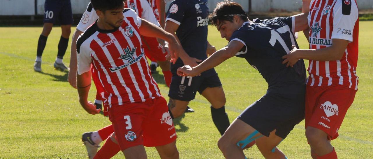 Jairo Cárcaba protege el balón ante varios jugadores del Zamora. | Mara Villamuza