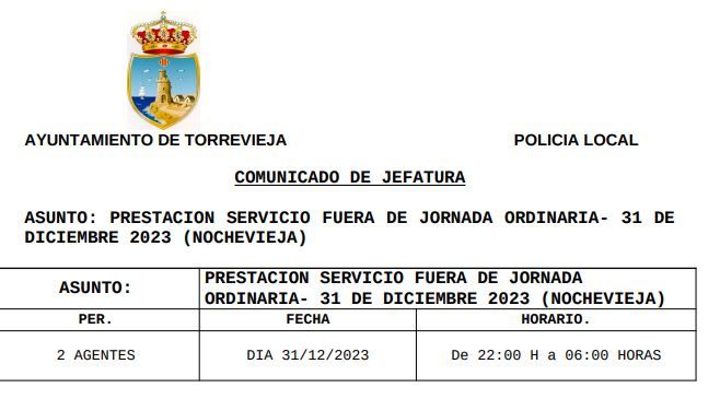 Comunicación pública de la jefatura para cubrir los dos agentes de "refuerzo" en Nochevieja