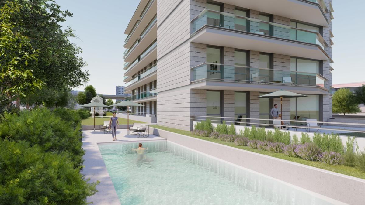 Recreación de la piscina y edificio junto a la VG-20