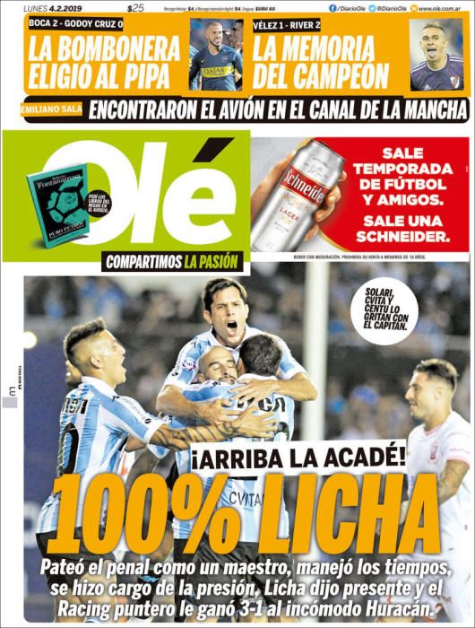 Portada OLÉ lunes 4 de febrero 2019