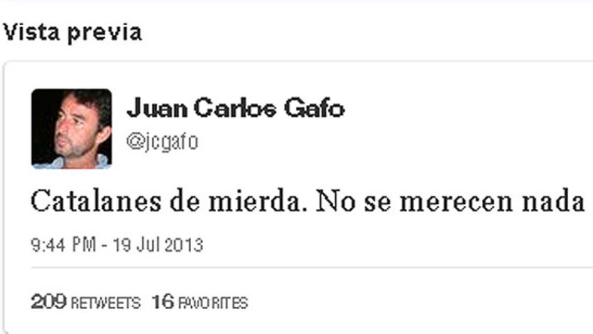 Tuit enviado por Juan Carlos Gafo este viernes, que posteriormente fue borrado.
