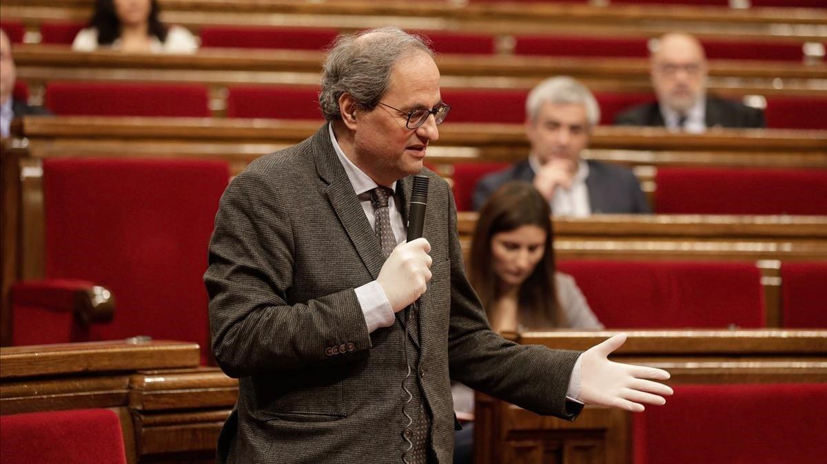 El 'president' Quim Torra, durante una de sus intervenciones en el Parlament.