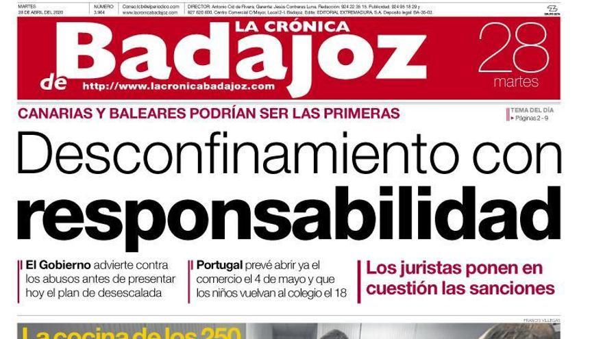 Esta es la portada de LA CRÓNICA DE BADAJOZ correspondiente al día 28 de abril del 2020