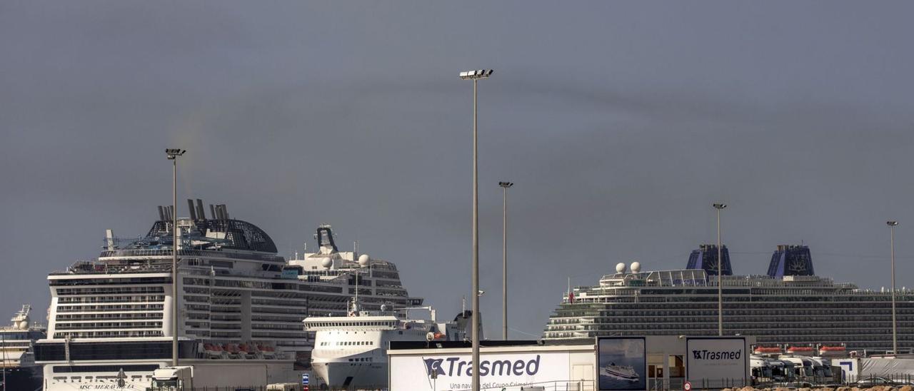 Dos cruceros atracados en la bahía de Palma expulsan abundante humo el pasado junio.