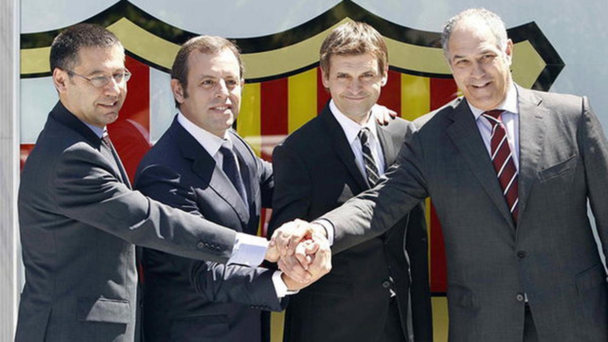 Bartomeu, Rosell, Tito y Zubizarreta, el 15 de junio del 2012, dia de la presentación oficial de Vilanova como entrenador azulgrana