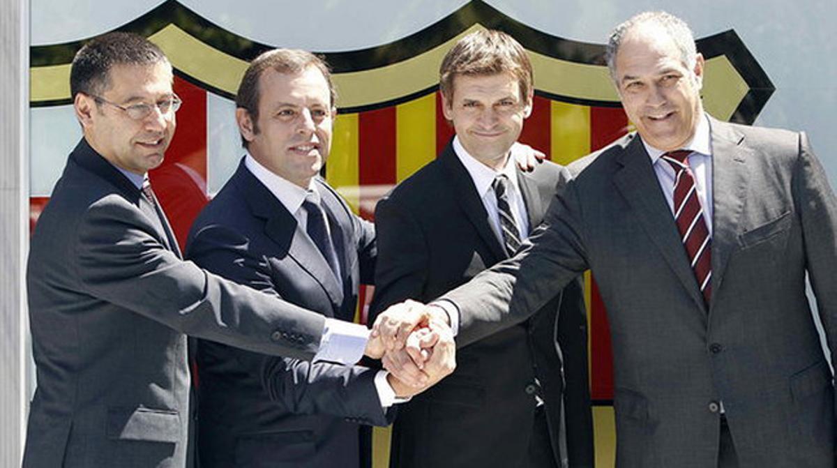 Bartomeu, Rosell, Tito i Zubizarreta, el 15 de juny del 2012, dia de la presentació oficial de Vilanova com a entrenador blaugrana.