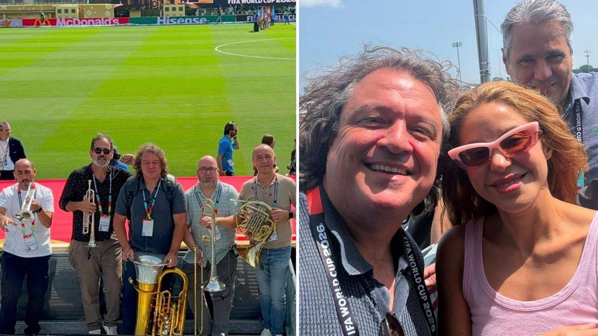 Por la izquierda, Juanjo Serna, Carlos Benetó, Sergio Finca, Indalecio Bonet y Manuel Pérez, el domingo, en el MetLife Stadium.A la derecha, Sergio Finca con Shakira.