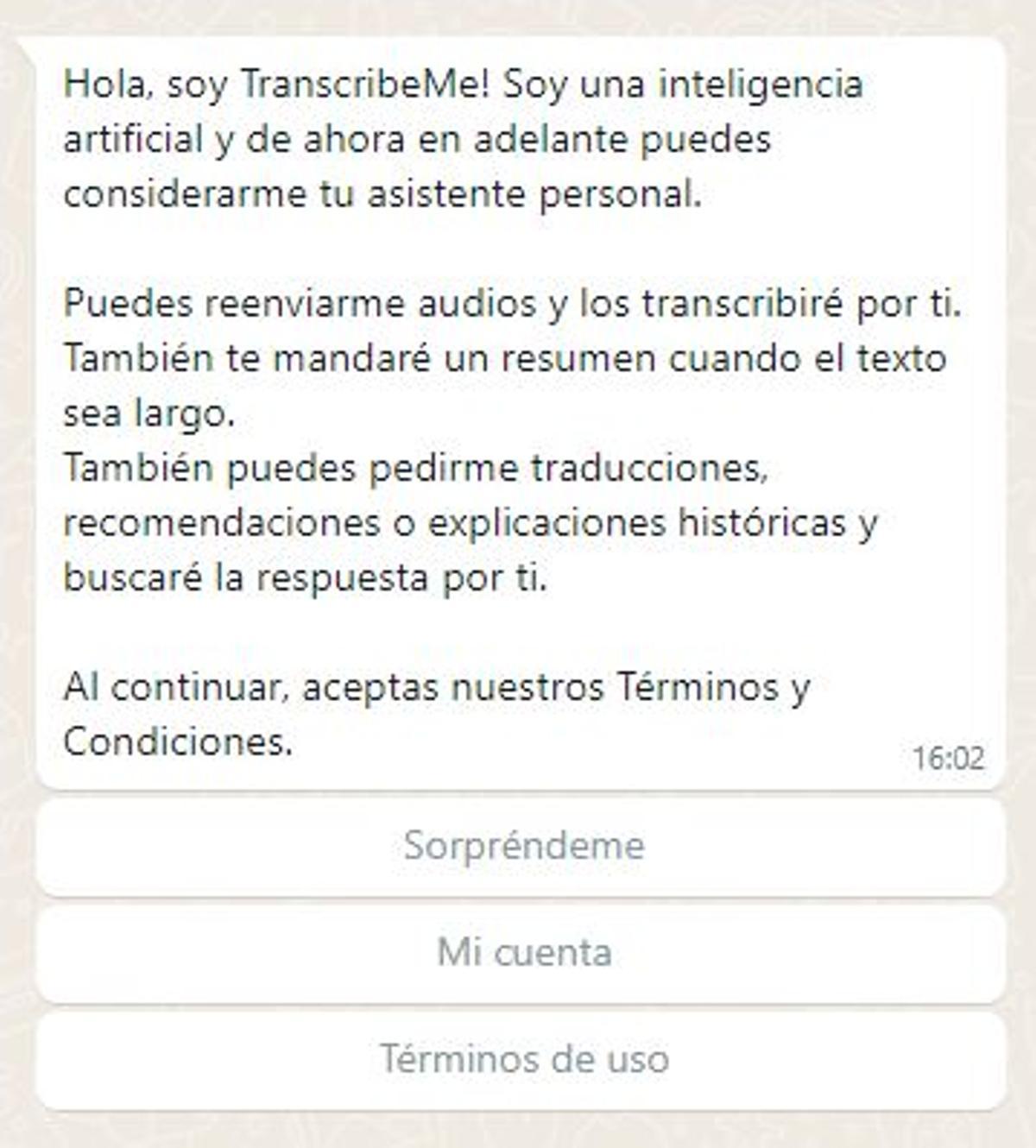 Captura del mensaje del bot 'transcribeme' al iniciar la conversación.