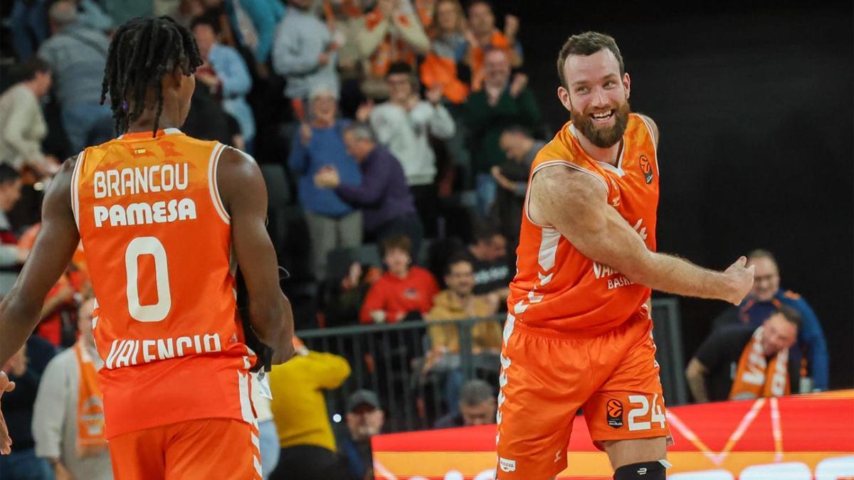 Badio y Costello, celebrando una canasta en el Roig Arena