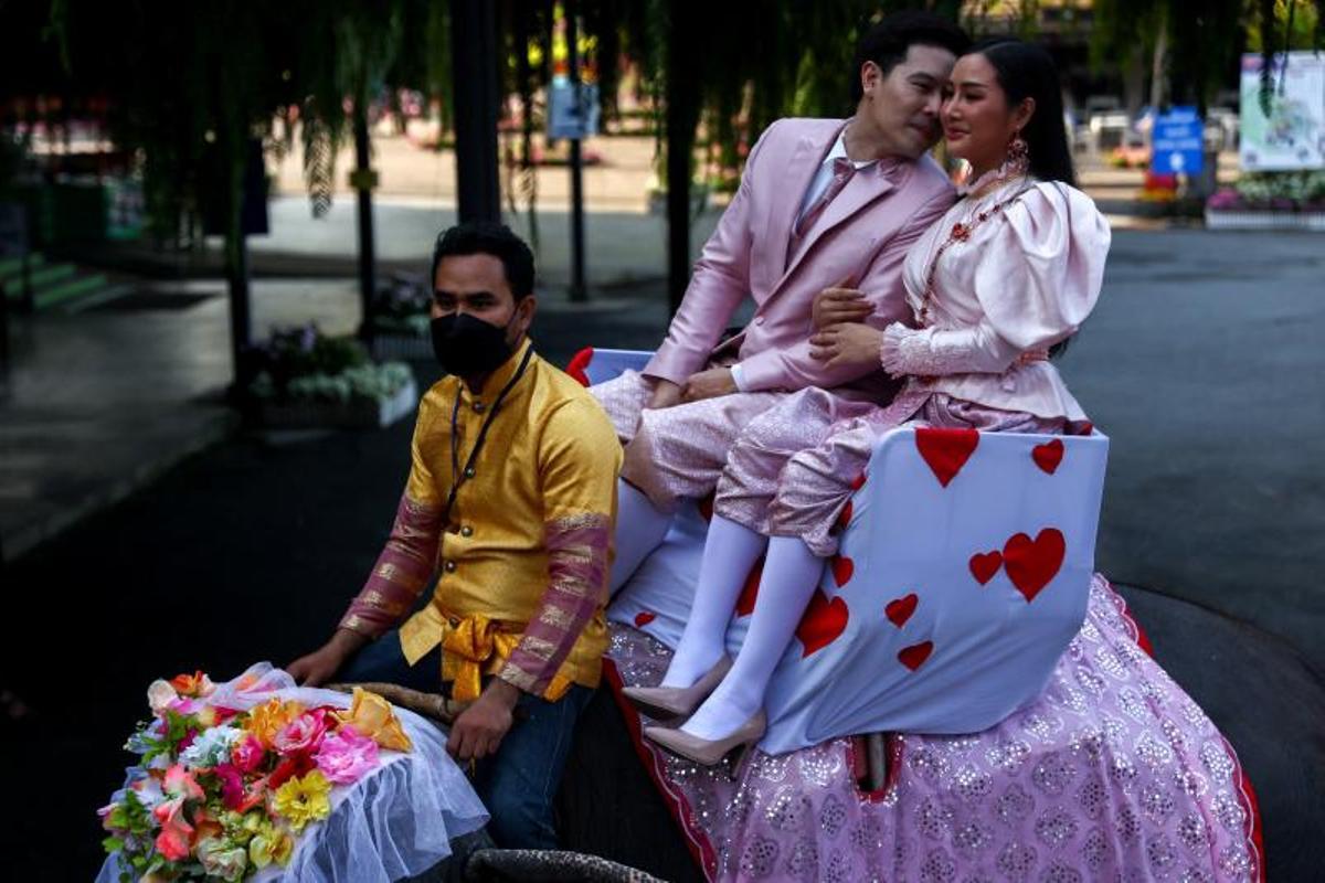 Ceremonia de firma de licencias de matrimonio en elefantes, el día de San Valentín, en el Jardín Tropical Nong Nooch en Chonburi, Tailandia