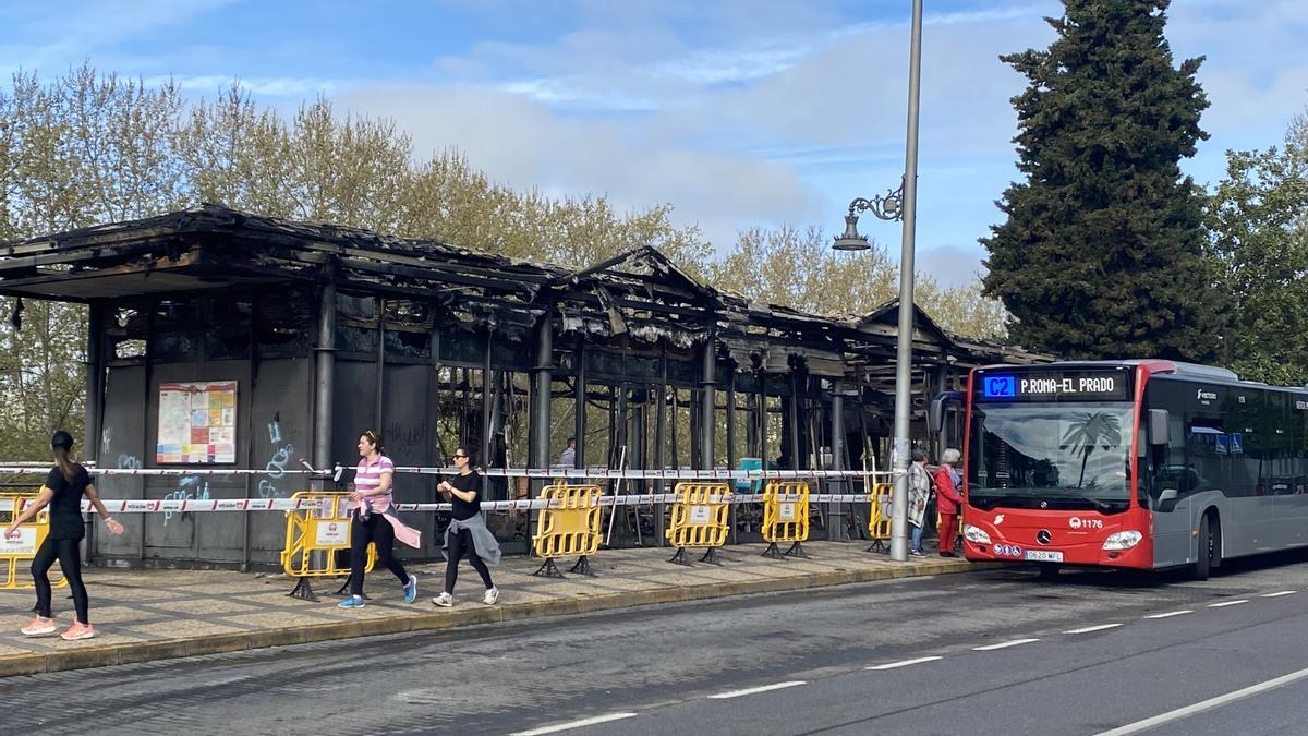 Estado en el que ha quedado la parada de autobuses del paseo de Roma de Mérida.