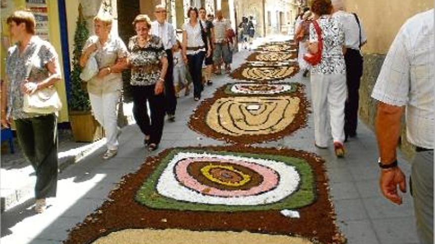 Un grup de visitants contemplava ahir la catifa de flors que decorava un dels carrers d&#039;Arbúcies.