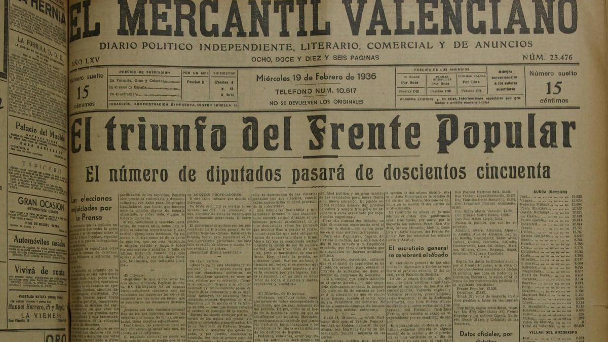 Portada de El Mercantil Valenciano con el triunfo del Frente Popular.
